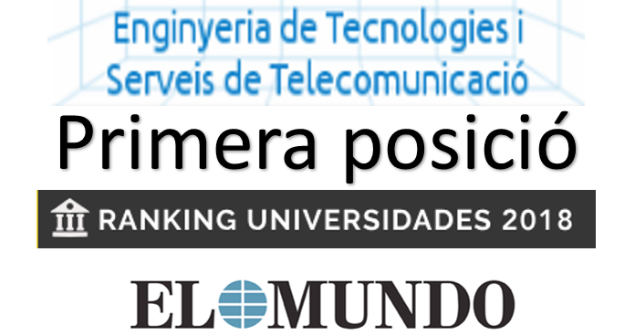 El Grau en Enginyeria de Tecnologies i Serveis de Telecomunicació, es posiciona en el número 1 en el Ranking  de "El Mundo" de Universitats Espanyoles per Grau del 2018